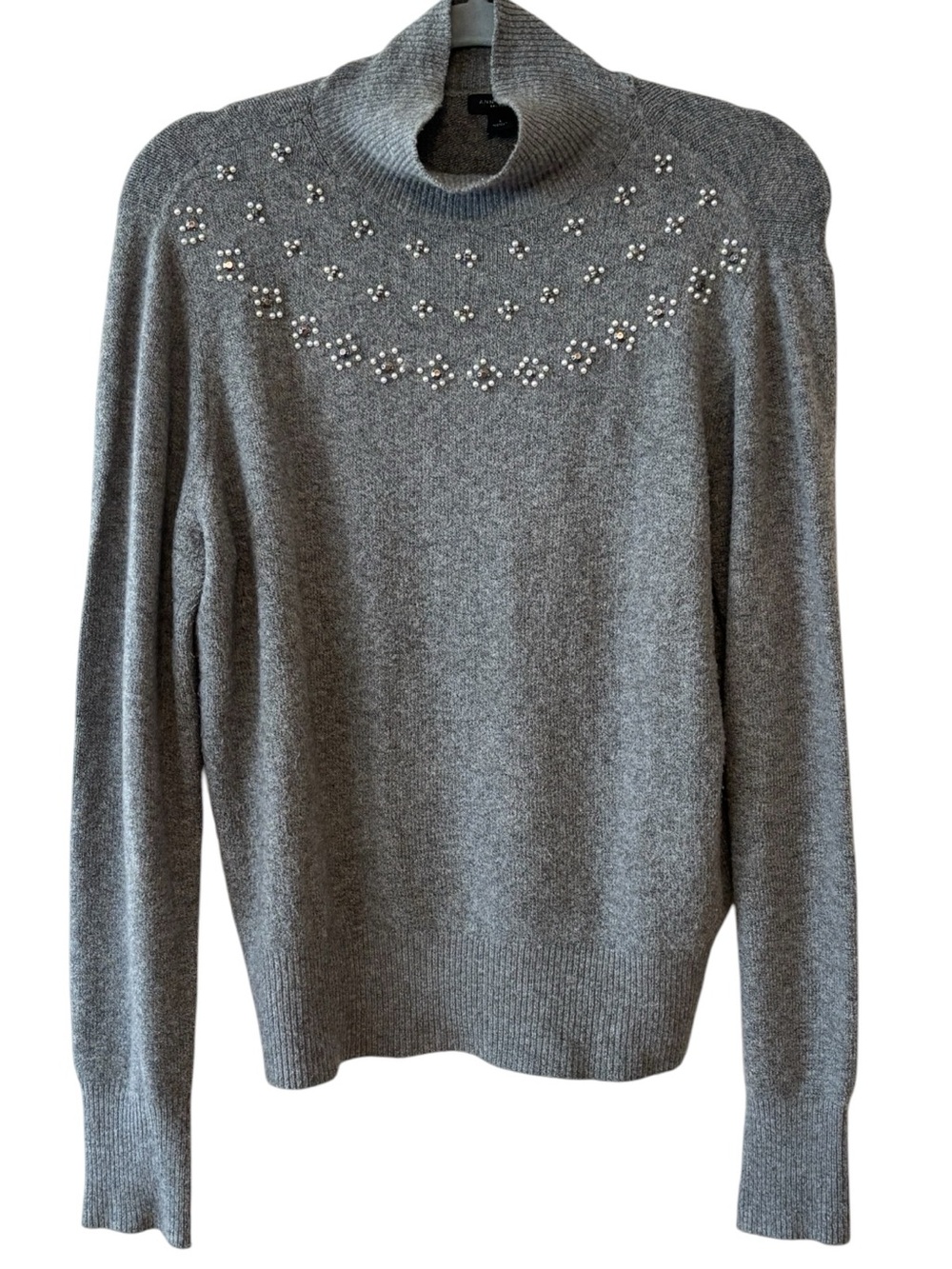 Ann Taylor Pearl Embellished Gray Turtleneck Sweater Size Large